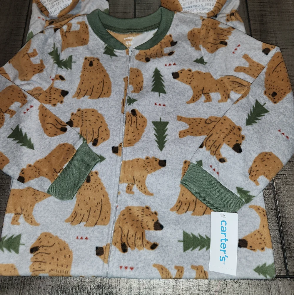NWT Carter's Gray Fleece Baby Zip Hoodie with Brown Bear Print